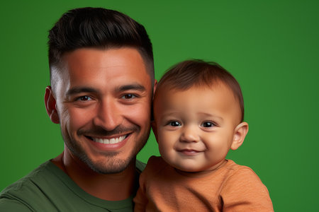 Portrait of a smiling father and his son on a green backgroundの素材