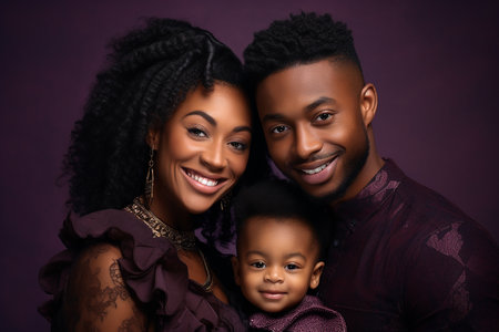 happy african american family with little daughter, studio shot on purple backgroundの素材