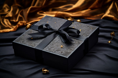Black gift box with a black ribbon and gold bow on black silk backgroundの素材