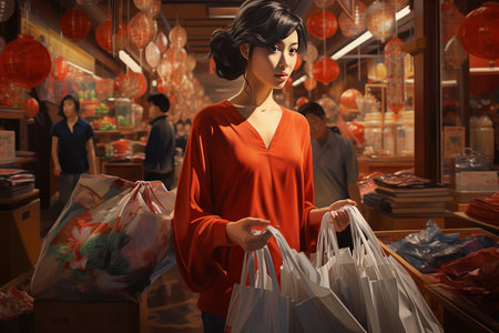 beautiful asian woman in red dress with shopping bags in shopの素材