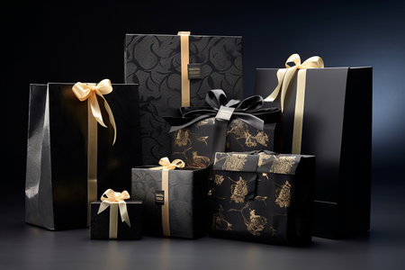 Black and gold gift boxes on dark background. 3D rendering.の素材