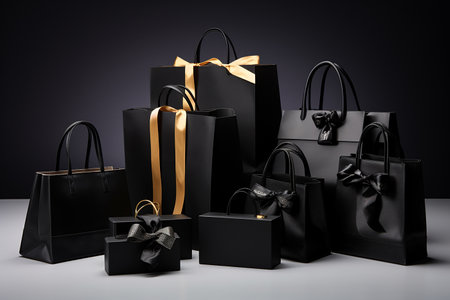 Black shopping bags and gift boxes on black background. 3d rendering.の素材