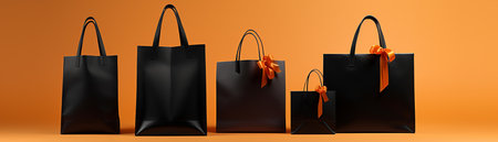 Black paper shopping bags on orange background. 3d render illustration.の素材