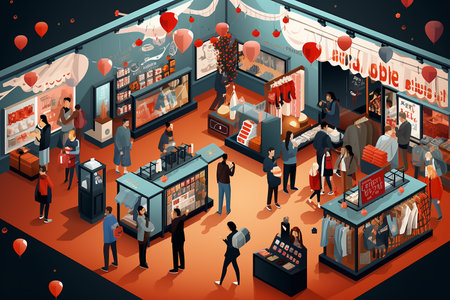 Vector isometric shopping mall interior with people buying gifts and presents in storesの素材