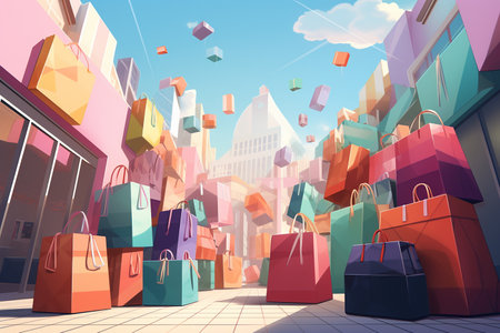 Colorful shopping bags in the city. 3d rendering, illustration.の素材