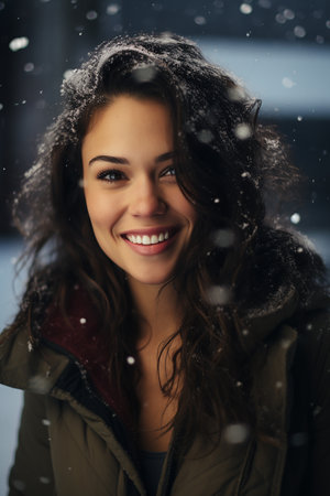 Portrait of beautiful young woman with snowflakes in the backgroundの素材