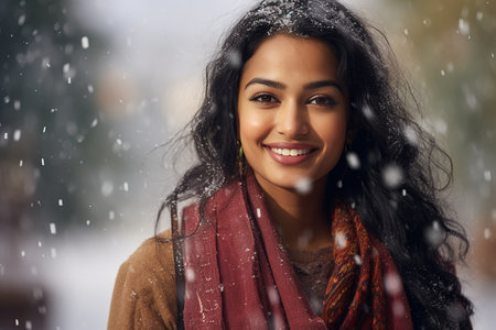 Portrait of a beautiful young woman in the winter park with snowの素材