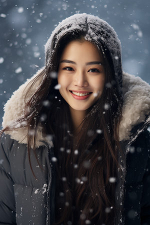 Beautiful asian woman in winter clothes on snowfall background.の素材