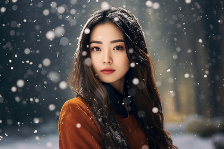 Winter portrait of a beautiful young woman in red coat and scarf.の素材