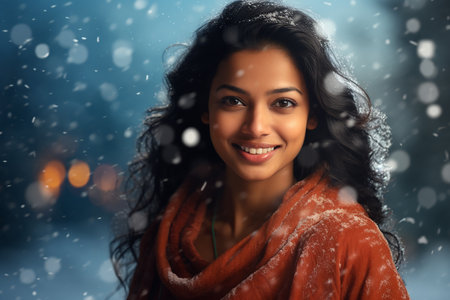 Portrait of a beautiful young woman in winter clothes. Snowfall.の素材