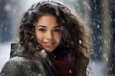 Beautiful young woman with curly hair in winter park. Snowfall.の素材