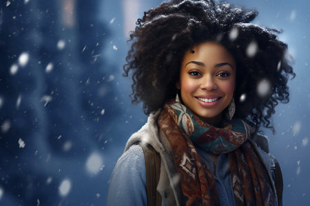 Beautiful african american woman with afro hairstyle and scarf over snowy backgroundの素材