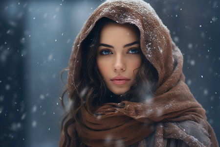Beautiful young woman in a brown coat and scarf on a winter backgroundの素材