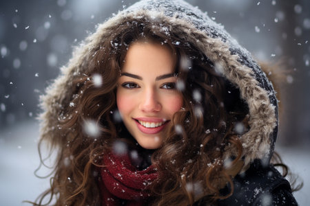 Portrait of a young woman in a winter park with snowflakesの素材