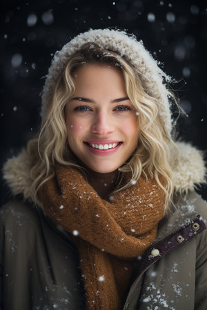 Portrait of a beautiful young woman in winter clothes smiling at cameraの素材