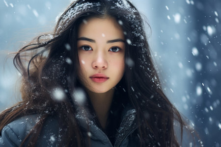 Portrait of a young beautiful woman in the winter forest. Snowfall.の素材