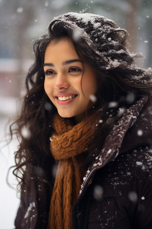 Portrait of a beautiful young girl in a winter park. Snowfallの素材