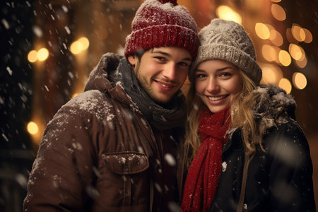 love, winter, christmas and people concept - smiling couple in hats and scarves hugging over night lights backgroundの素材