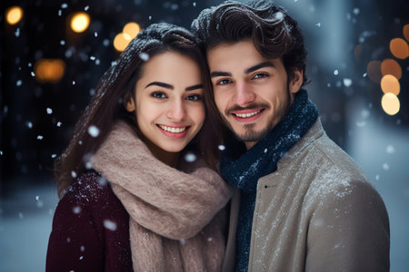 Beautiful young couple in love on the street in the winter at nightの素材