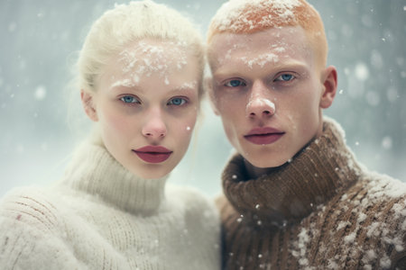 Portrait of a beautiful young couple in winter clothes. Man and woman in the snow.の素材
