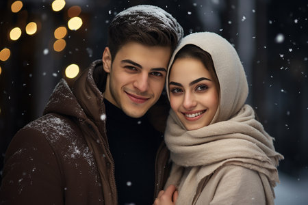Beautiful young couple in warm clothes on the background of a winter cityの素材