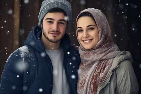 Portrait of a happy young couple in winter clothes against a wooden background.の素材