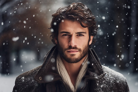 Portrait of a handsome young man in a winter park. Men's beauty, fashion.の素材
