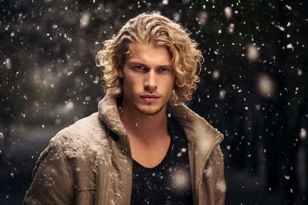 Portrait of a handsome young man in a winter park. Men's beauty, fashion.の素材