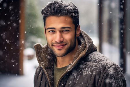 Portrait of a handsome young man in winter clothes on a background of snowfall.の素材