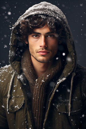 Portrait of a handsome young man in winter clothes. Men's beauty, fashion.の素材