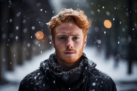 Portrait of a red-haired young man in a winter park.の素材