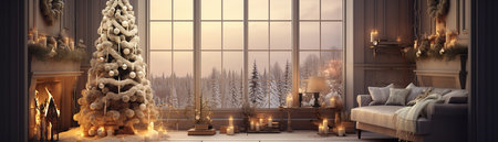 Christmas tree in the living room with a large window. 3d illustrationの素材