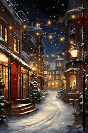 Digital painting of a Christmas street in Boston, Massachusetts, USA.の素材