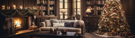 Luxury living room interior with Christmas tree and fireplace. Vintage style.の素材