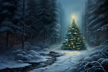Christmas tree in a snowy forest. Christmas and New Year background.の素材