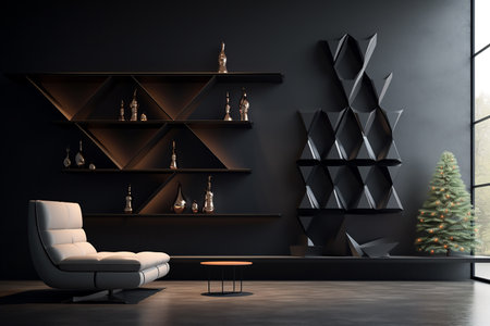 Modern living room interior with black and white walls, concrete floor, comfortable armchair and bookcase. 3d renderingの素材
