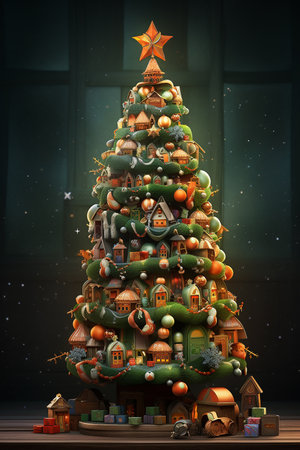Christmas tree made of houses and gifts in front of a dark backgroundの素材