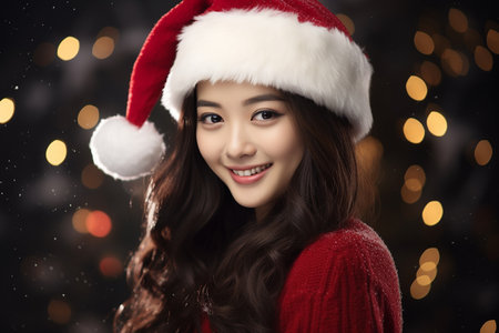 beautiful asian woman wearing santa hat with christmas conceptの素材
