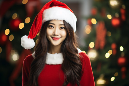 beautiful asian woman wear santa hat with christmas tree backgroundの素材