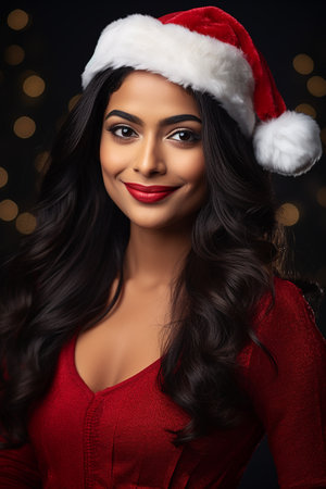 christmas, x-mas, winter, happiness concept - smiling woman in santa helper hatの素材