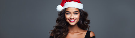 christmas, x-mas, winter, happiness concept - smiling woman in santa helper hatの素材