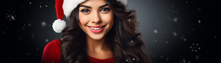 Portrait of young happy smiling woman in Santa Claus hat on black backgroundの素材