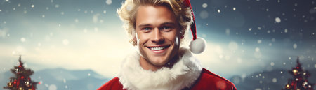 christmas, holidays, people and celebration concept - smiling man in costume of santa claus over snowy backgroundの素材