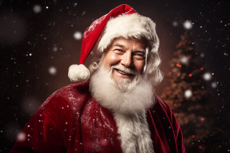 christmas, holidays and people concept - smiling man in costume of santa claus over black backgroundの素材