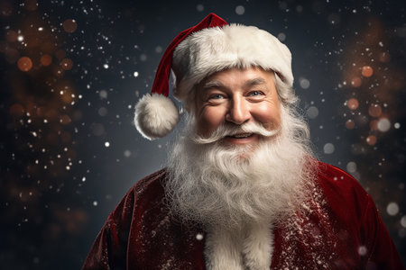 Portrait of happy Santa Claus on dark background. Christmas and New Year concept.の素材