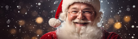 Portrait of happy Santa Claus in eyeglasses on dark backgroundの素材