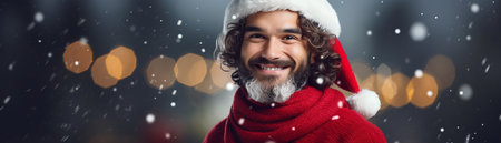 christmas, holidays and people concept - smiling man in santa helper hat over night lights backgroundの素材