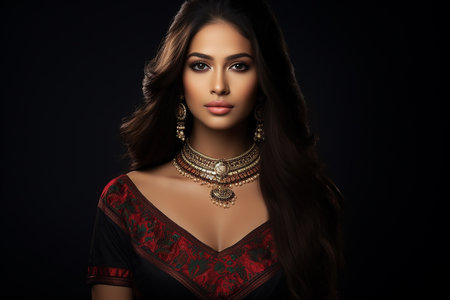 Portrait of beautiful young brunette woman in red dress on black backgroundの素材