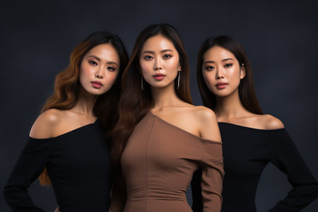 Portrait of three beautiful Asian women in black dress on dark backgroundの素材