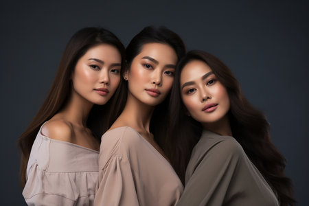 Beautiful asian women with makeup and hairstyle on gray backgroundの素材